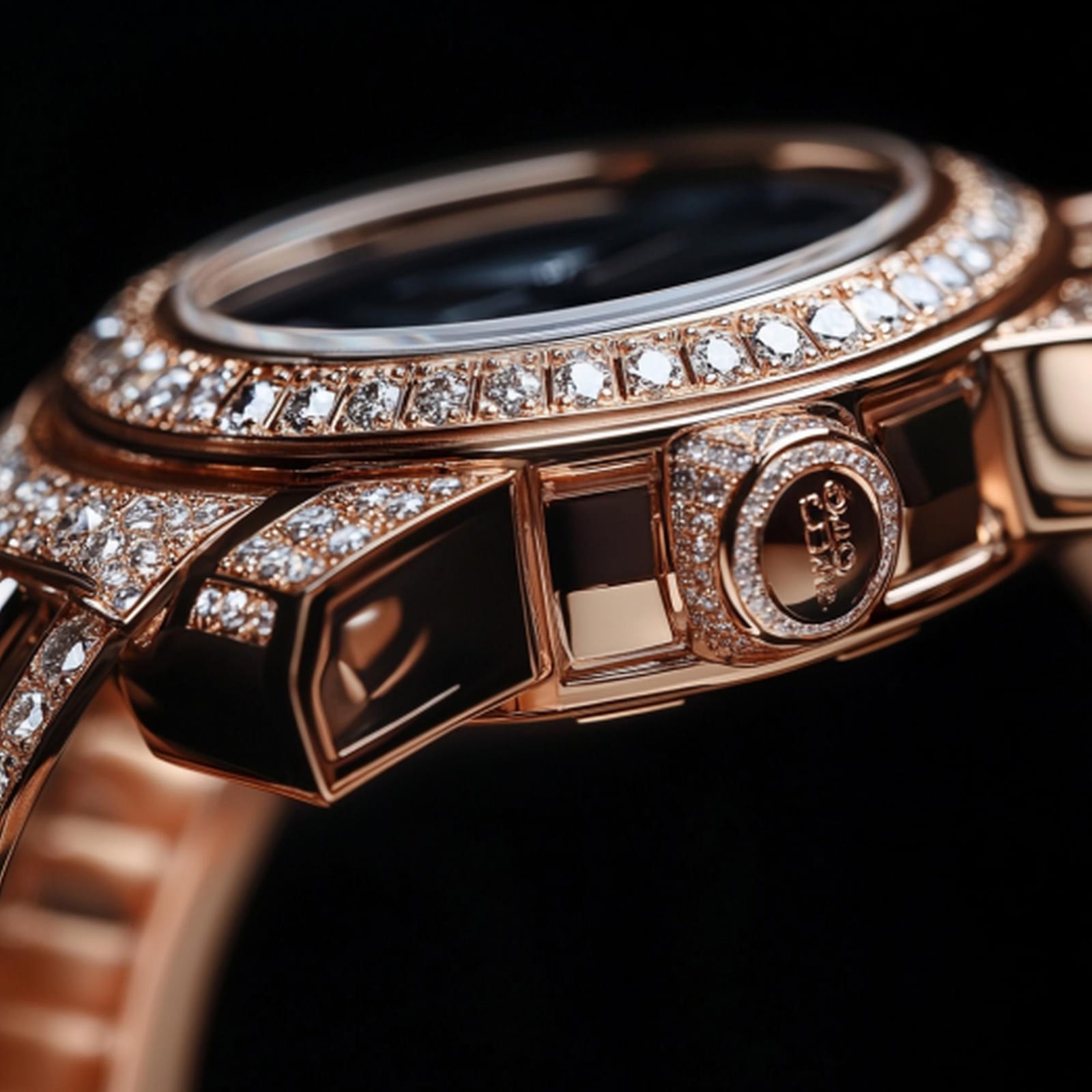 Relógio dourado cravejado ao lado de um anel de diamante
